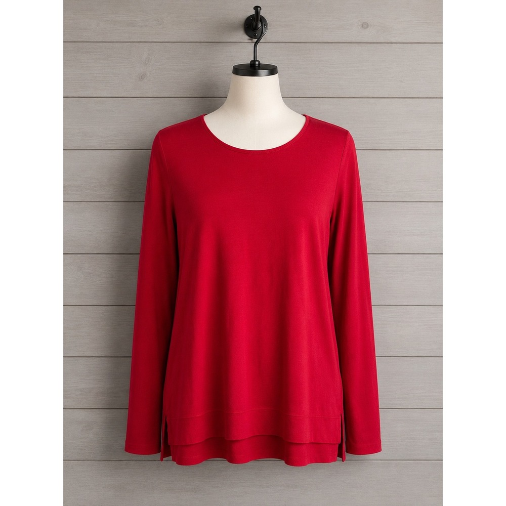 J. Jill Perfect Pima Tee L Red High-Low Long-Sleeve Side Slit Cotton Shirt